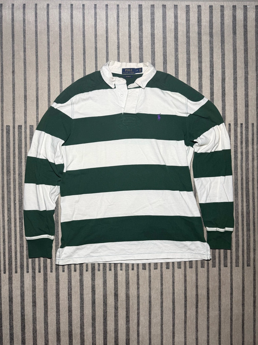 Ralph Lauren Green and White Striped Rugby Polo Shirt